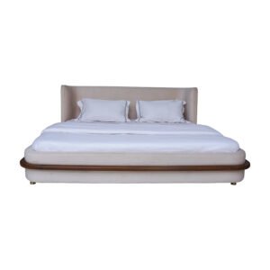 Walnut Modern Bed Frame with Padded Linen Headboard