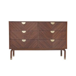 Vintage Walnut Six-Drawer Dresser with Brass Detailing