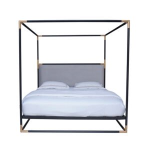 Grey Velvet Canopy Bed with Gold Frame & Acrylic Accents