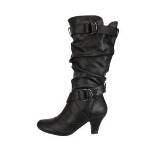 Retro Slouchy Mid-Calf Leather Boots for Women with Zipper and Metal Buckle